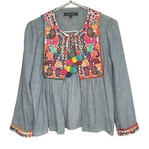 Brach Brach Boho Embroidered Top Small Cottage Festival Pom Pom Peasant Striped